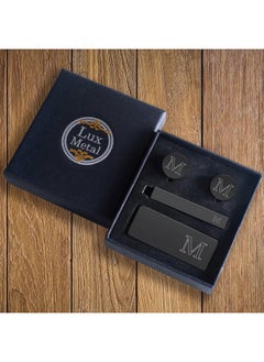 BodyJ4You Initial Cufflinks Tie Bar Money Clip 4Pc Gift Set Personalized Letter M Engraving Fathers Day Wedding Tuxedo Black Steel Men'S Cuff Links  - Image 2