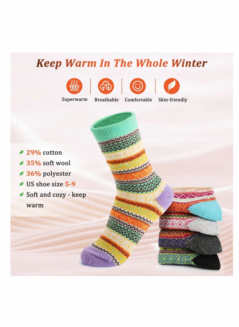 ELECDON Vintage Winter Wool Socks for Women, Thick Cozy Knit Crew Socks, Soft and Warm Casual Socks, 5 Pairs for Ultimate Comfort - Image 2