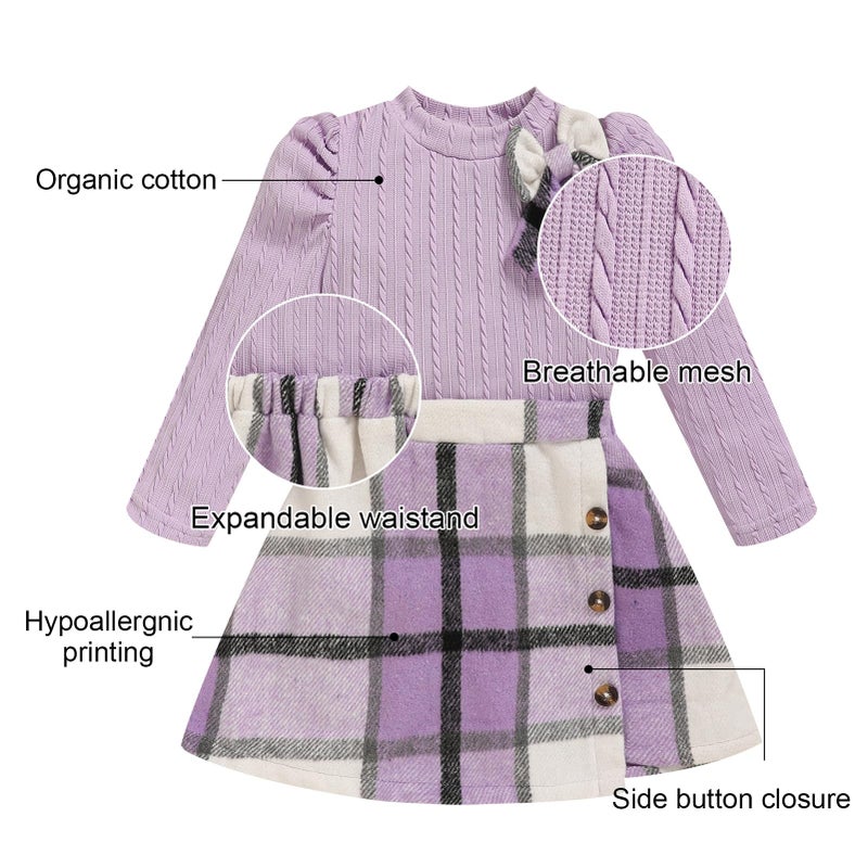 TITKKOP Toddler Girl Plaid Outfits Fall Winter Dress Knit Ribbed Bow Sweatshirt Tops and Button Fashion Skirts Setï¼ˆPurple,2T - Image 5