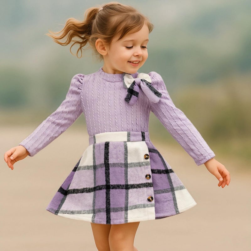 TITKKOP Toddler Girl Plaid Outfits Fall Winter Dress Knit Ribbed Bow Sweatshirt Tops and Button Fashion Skirts Setï¼ˆPurple,2T - Image 2