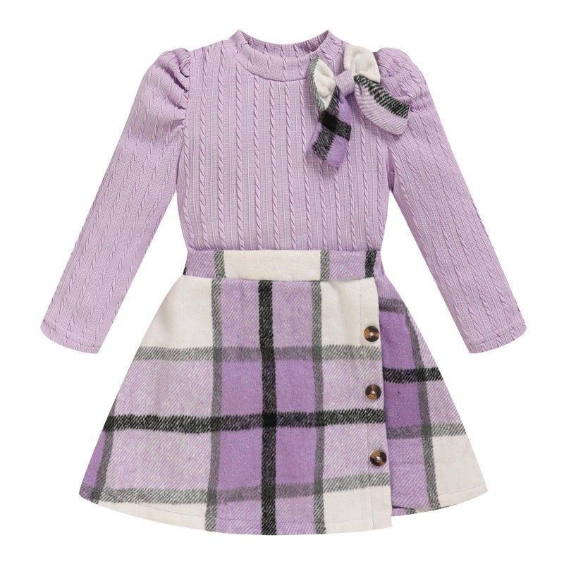 TITKKOP Toddler Girl Plaid Outfits Fall Winter Dress Knit Ribbed Bow Sweatshirt Tops and Button Fashion Skirts Setï¼ˆPurple,2T - Image 1