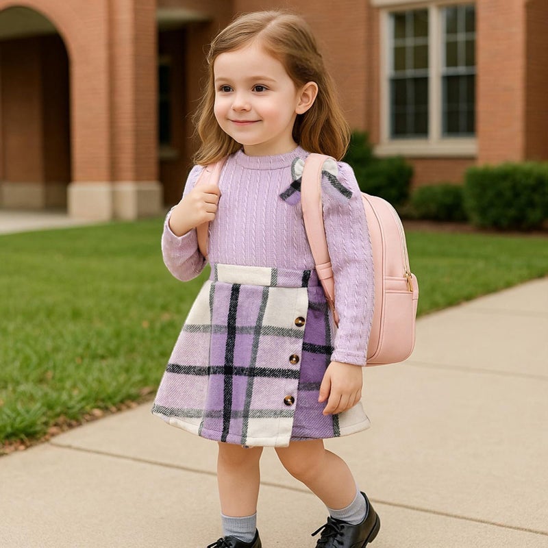TITKKOP Toddler Girl Plaid Outfits Fall Winter Dress Knit Ribbed Bow Sweatshirt Tops and Button Fashion Skirts Setï¼ˆPurple,2T - Image 3
