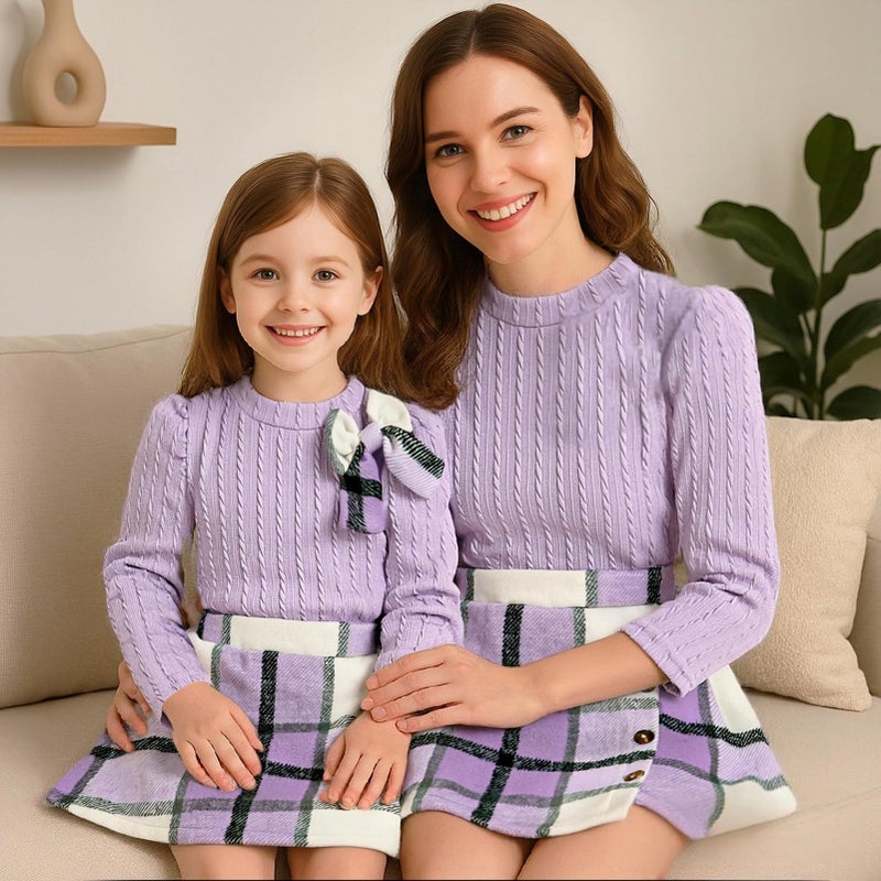 TITKKOP Toddler Girl Plaid Outfits Fall Winter Dress Knit Ribbed Bow Sweatshirt Tops and Button Fashion Skirts Setï¼ˆPurple,2T - Image 4