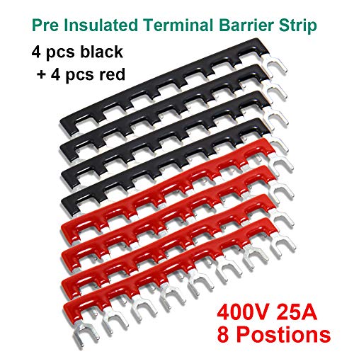 MILAPEAK Terminal Block and Strip - 4 pcs 8 Positions 600V 25A Dual Row Screw Terminals Strip with Cover + 8 pcs 400V 25A 8 Positions Pre-Insulated Terminal Barrier Jumper Strips Black & Red - Image 5