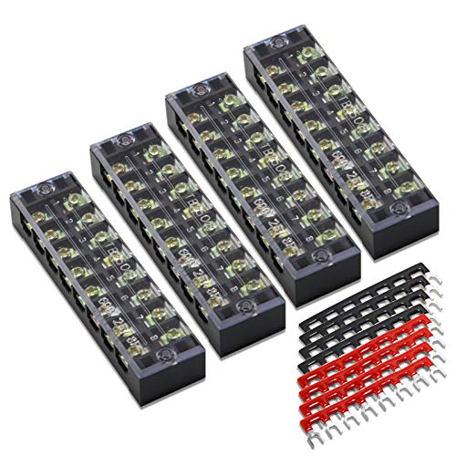 MILAPEAK Terminal Block and Strip - 4 pcs 8 Positions 600V 25A Dual Row Screw Terminals Strip with Cover + 8 pcs 400V 25A 8 Positions Pre-Insulated Terminal Barrier Jumper Strips Black & Red - Image 1
