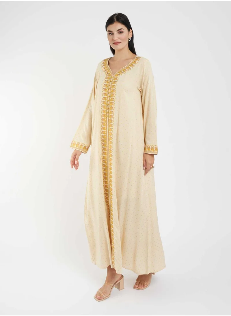KASHKHA Solid Jalabiya with Panel Embroidery