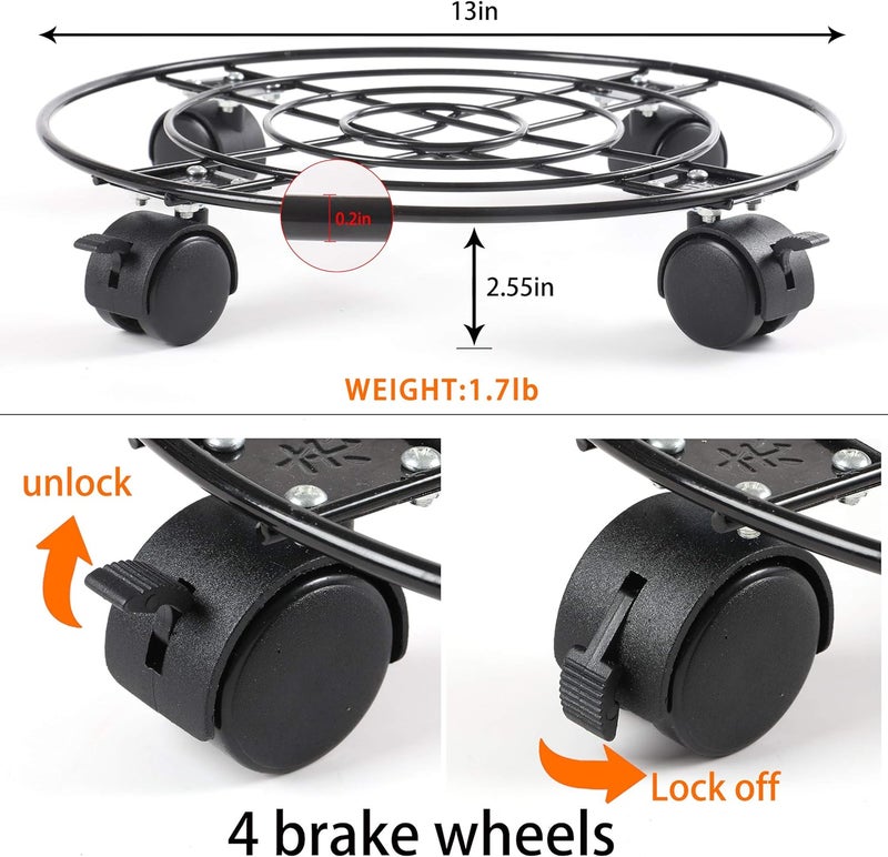Homeyi 2Pack Plant Caddy with Wheels Heavy Duty Metal Iron, 13'' Black Capable of Bearing 164 LBS, Plant Stand with 360° Lockable Wheels for Plant Pots, indoor outdoor garden planter - Image 2