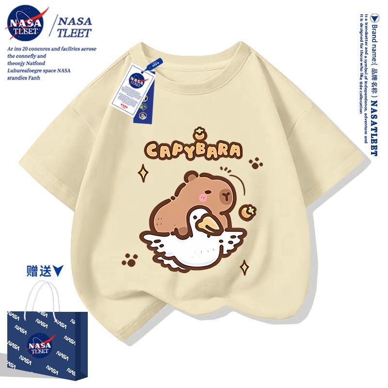 Nasa Joint Cartoon Cotton Short-Sleeved New All-Match Cabibala Crewneck T-Shirt Cute Capybara Printed Top - Image 3