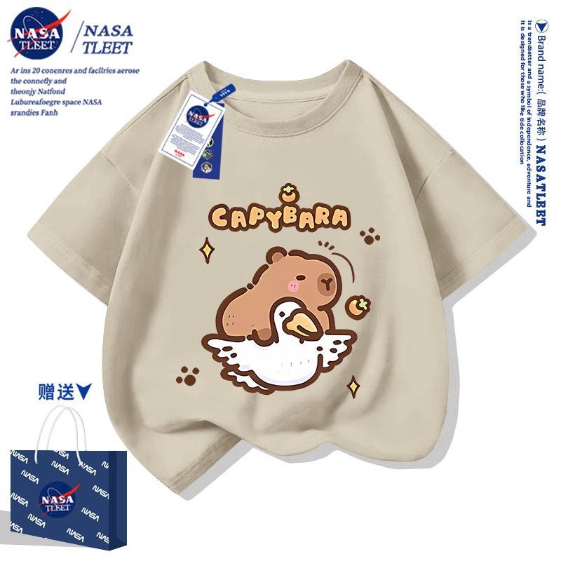 Nasa Joint Cartoon Cotton Short-Sleeved New All-Match Cabibala Crewneck T-Shirt Cute Capybara Printed Top - Image 4