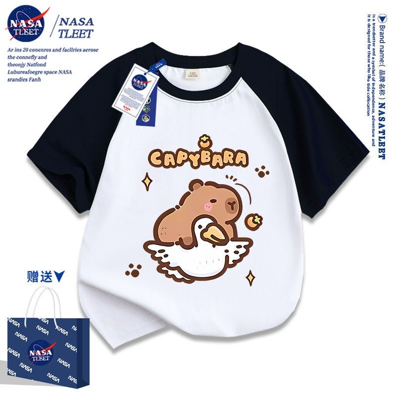 Nasa Joint Cartoon Cotton Short-Sleeved New All-Match Cabibala Crewneck T-Shirt Cute Capybara Printed Top - Image 1