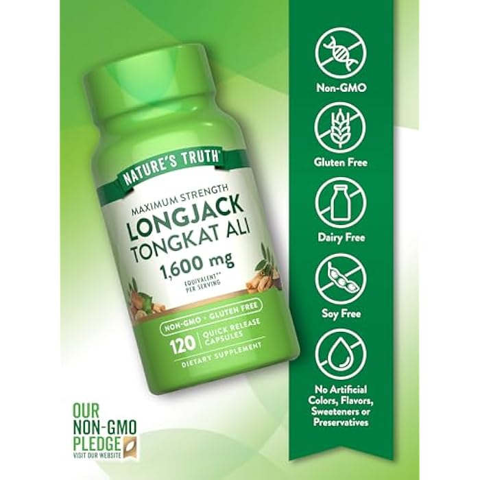 Nature's Truth Longjack Tongkat Ali | 1600mg | 120 Capsules | Max Strength Formula for Men | Non-GMO & Gluten Free Supplement - Image 3