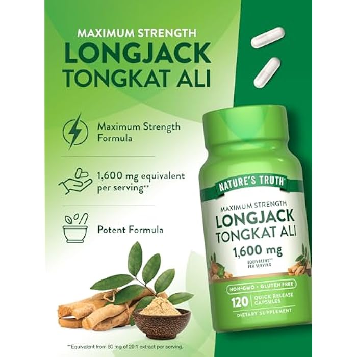 Nature's Truth Longjack Tongkat Ali | 1600mg | 120 Capsules | Max Strength Formula for Men | Non-GMO & Gluten Free Supplement - Image 5
