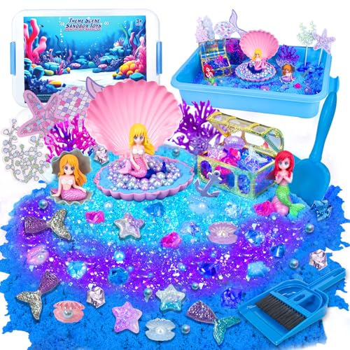 Ynanimery Mermaid Sensory Bin Play Sand Art Kit with Sandbox Accessories Tools Colorful Sea Shell Conch Starfish Gems Toys Set Indoor Outdoor Pretend Play Beach Toy Birthday for Girls Boys 3 4 5 6 7 8 - Image 1