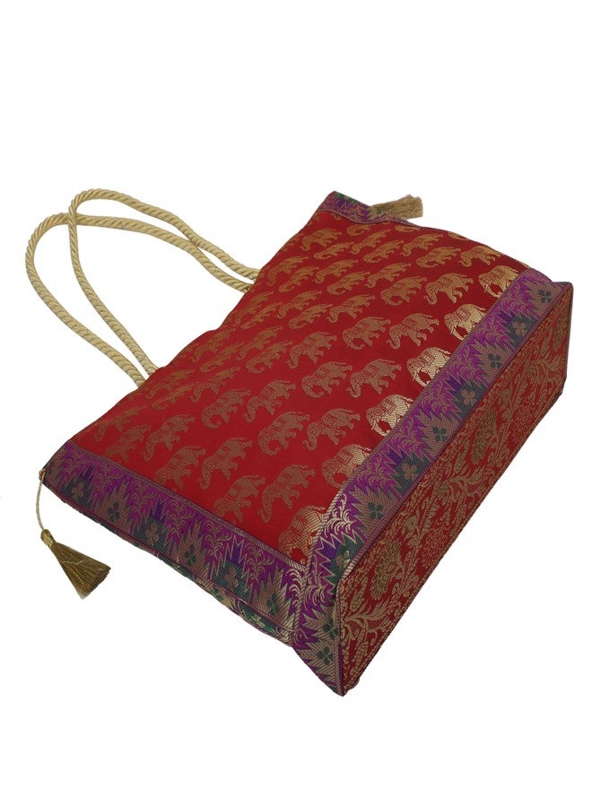 Colovila Ladies Handbag, Brocade Silk Banarasi, 30 x 40 cm (Red) - Image 1