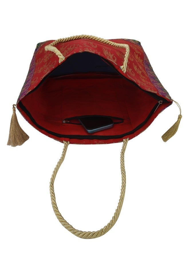 Colovila Ladies Handbag, Brocade Silk Banarasi, 30 x 40 cm (Red) - Image 4