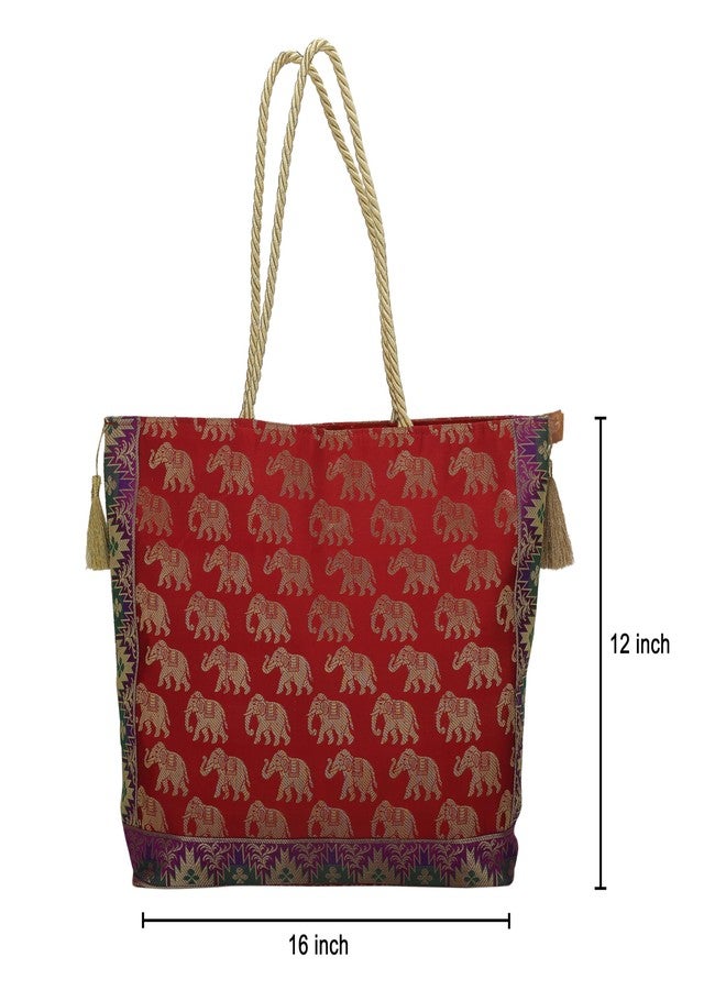 Colovila Ladies Handbag, Brocade Silk Banarasi, 30 x 40 cm (Red) - Image 3