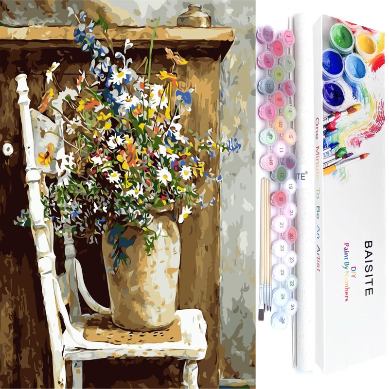 BAISITE Paint by Numbers Kit for Adults Beginners20 Lx16 W Canvas for Painting Kits for Adults in Colorful Box Daisy VaseBSC003