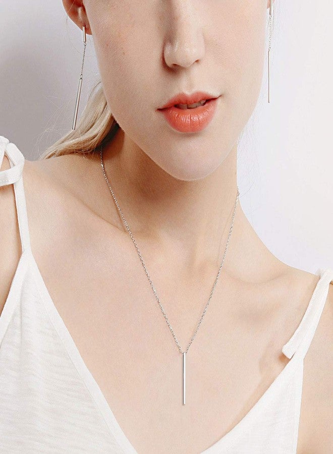 ChicSilver قلادة بار عمودية بسيطة من فضة استرلينية 925 مع سلسلة لاريت طويلة للنساء من شيك سيلفر - Image 2