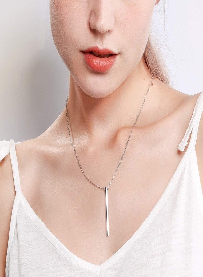 ChicSilver قلادة بار عمودية بسيطة من فضة استرلينية 925 مع سلسلة لاريت طويلة للنساء من شيك سيلفر - Image 3
