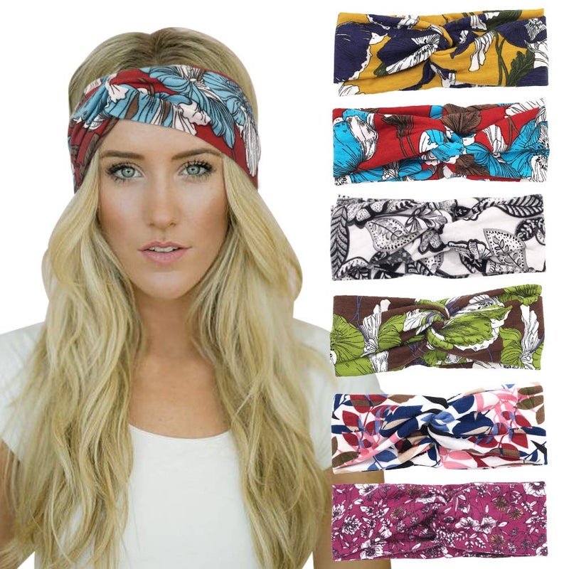 DRESHOW 6 Pack Headbands for Women Boho Headbands Vintage Flower Elastic Workout Yoga Sports Facial Knotted Crocheted Elastic Head Wrap - Image 1
