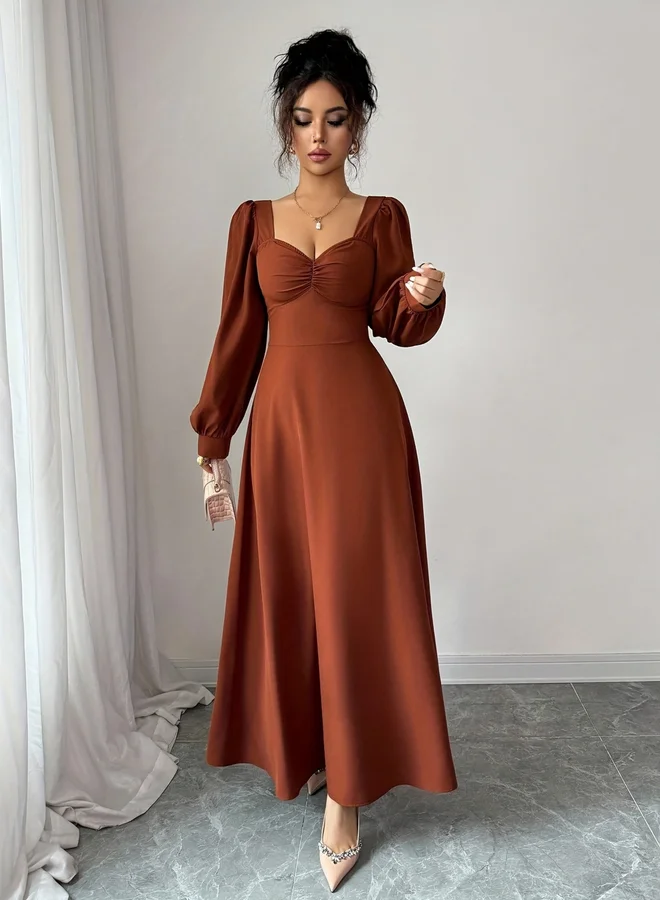 Take Two Brown Solid Sweetheart Neck A-Line Maxi Dress