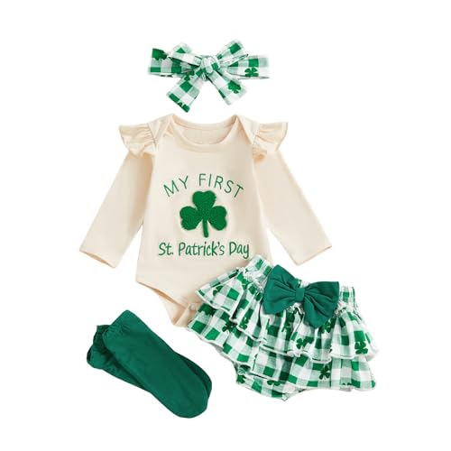 Amnnchya My First St Patricks Day Baby Girl Outfit Clover Romper Plaid Shorts Skirt Newborn Girls Shamrock Clothes 4PCS Set Khaki 03 Months - Image 1
