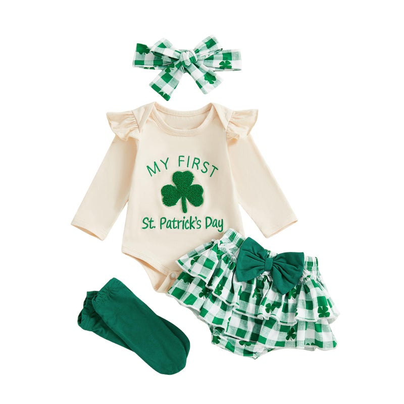 Amnnchya My First St Patricks Day Baby Girl Outfit Clover Romper Plaid Shorts Skirt Newborn Girls Shamrock Clothes 4PCS Set Khaki 03 Months - Image 2