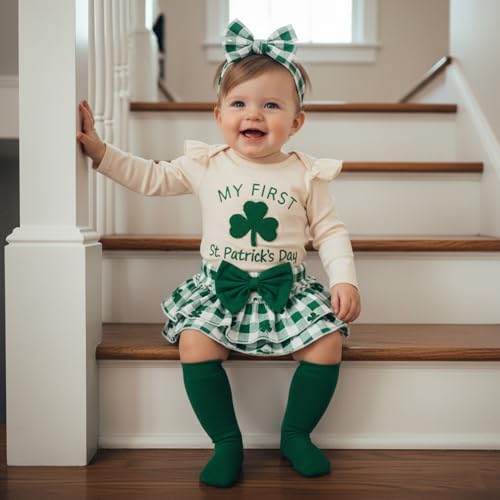 Amnnchya My First St Patricks Day Baby Girl Outfit Clover Romper Plaid Shorts Skirt Newborn Girls Shamrock Clothes 4PCS Set Khaki 03 Months - Image 3