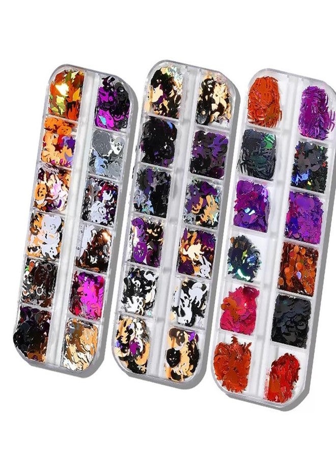 CTTHNBD 3 Boxes Halloween Nail Art Sequins 3D Holographic Pumpkin Face Spider Ghost Skull Halloween Nail Glitter Sequins Nail Art Supplies Decorations for Women 36 Styles - Image 2