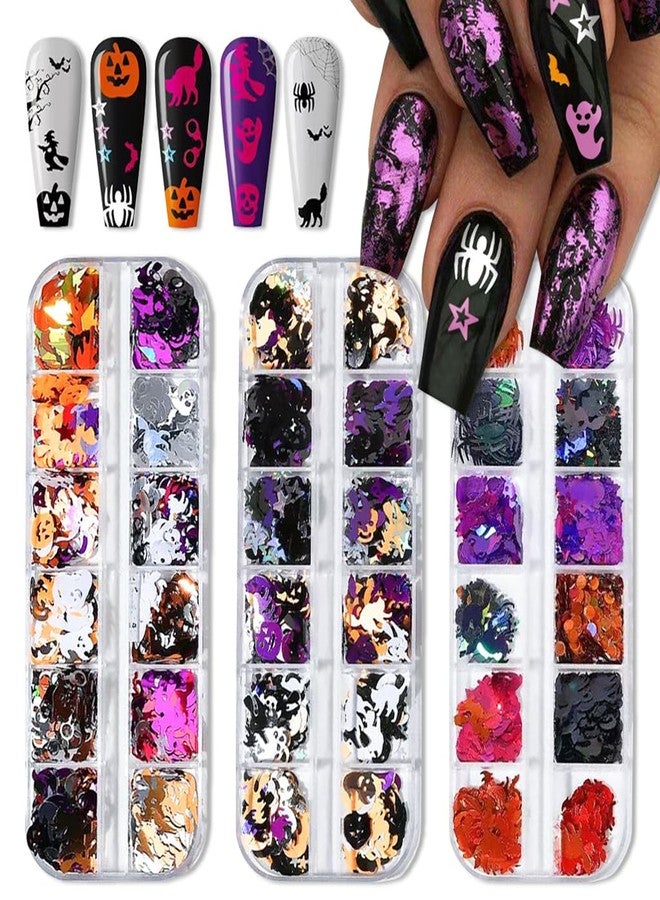 CTTHNBD 3 Boxes Halloween Nail Art Sequins 3D Holographic Pumpkin Face Spider Ghost Skull Halloween Nail Glitter Sequins Nail Art Supplies Decorations for Women 36 Styles - Image 1