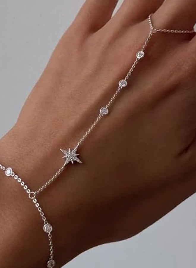 Boho Wrist Layered Finger Bracelet Ring Hand Chain Silver Crystal Ring Bracelet Non Tarnish  Harness - Image 1