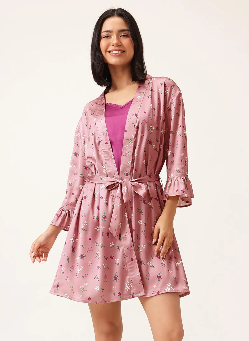 كلوفيا Clovia Chic Basic Short Night Dress & Pretty Florals Robe Set in Magenta - Satin