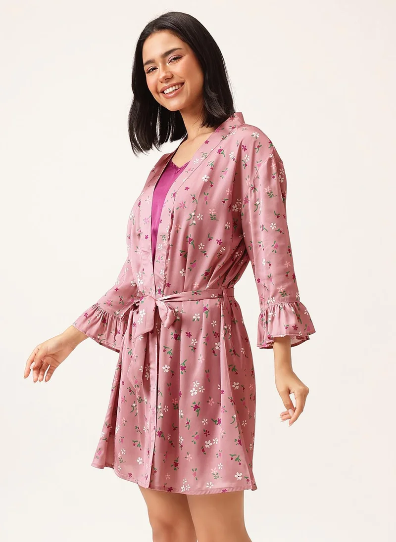 Clovia Clovia Chic Basic Short Night Dress & Pretty Florals Robe Set in Magenta - Satin