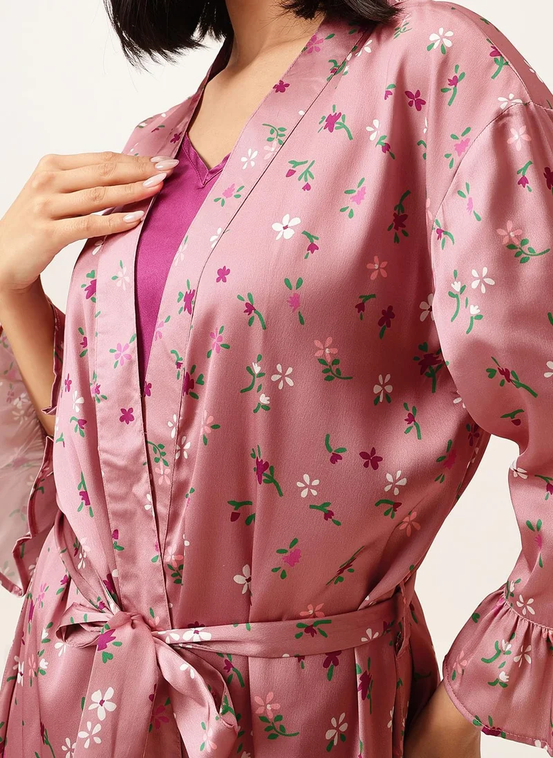 Clovia Clovia Chic Basic Short Night Dress & Pretty Florals Robe Set in Magenta - Satin
