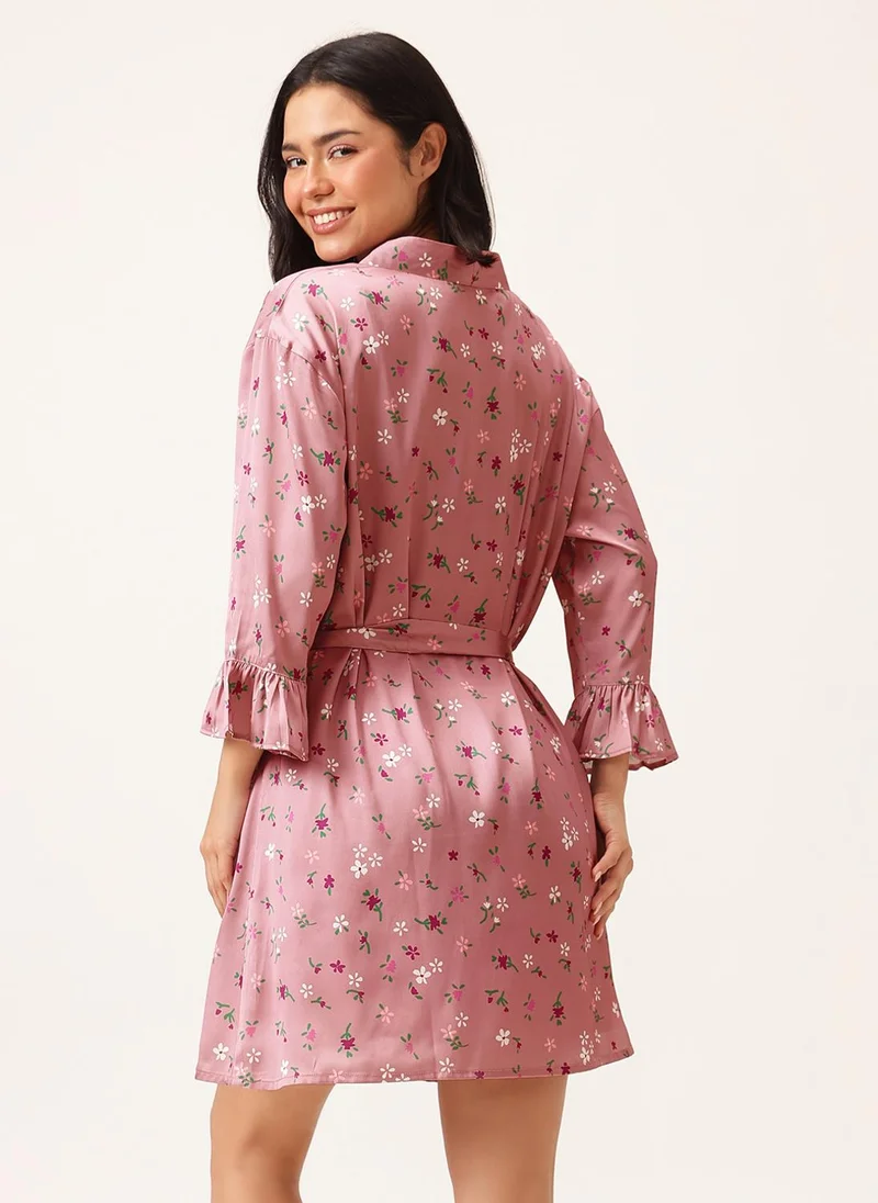 Clovia Clovia Chic Basic Short Night Dress & Pretty Florals Robe Set in Magenta - Satin