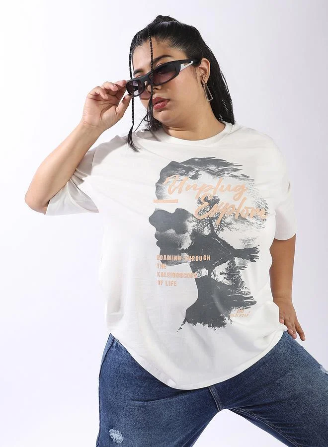 Women'S Off White 100% Cotton Printed Plus Size Oversized T-Shirt