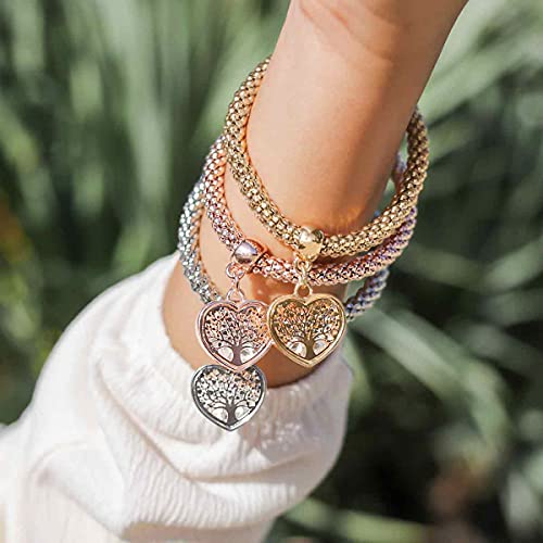 SILANER Crystal Charms Multilayer Bracelets - 3PCS Gold/Silver/Rose Gold Corn Chain Bracelet for Women, Tree of Life Heart Shaped Stretch Bracelet("TREE OF LIFE" HEART EDITION CHARM) - Image 5