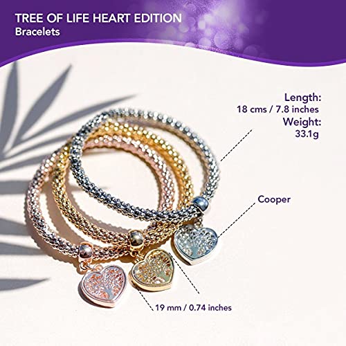 SILANER Crystal Charms Multilayer Bracelets - 3PCS Gold/Silver/Rose Gold Corn Chain Bracelet for Women, Tree of Life Heart Shaped Stretch Bracelet("TREE OF LIFE" HEART EDITION CHARM) - Image 2