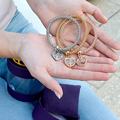 SILANER Crystal Charms Multilayer Bracelets - 3PCS Gold/Silver/Rose Gold Corn Chain Bracelet for Women, Tree of Life Heart Shaped Stretch Bracelet("TREE OF LIFE" HEART EDITION CHARM) - Image 4