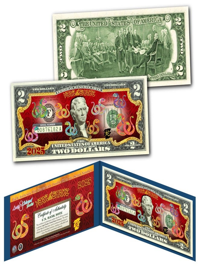 Merrick Mint 2025 Chinese Lunar New Year of The Snake $2 Polychromatic 8 Colorized Snakes Uncirculated Two Dollar Bill Special Edition in Collectible Blue Display Folio - Image 1