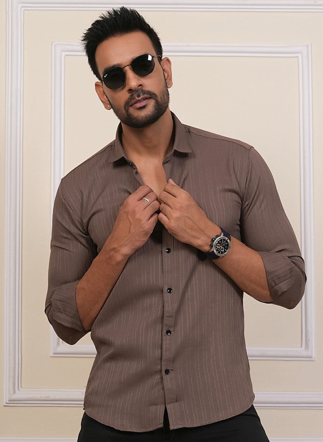 BADLAND Classic Fit Vertical Striped Textured Casual Shirt - Image 1