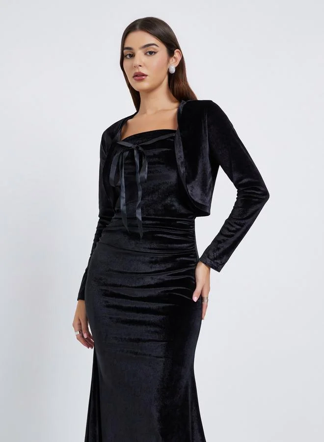 Styli Black Velvet Look Midi Dress and Bolero Set