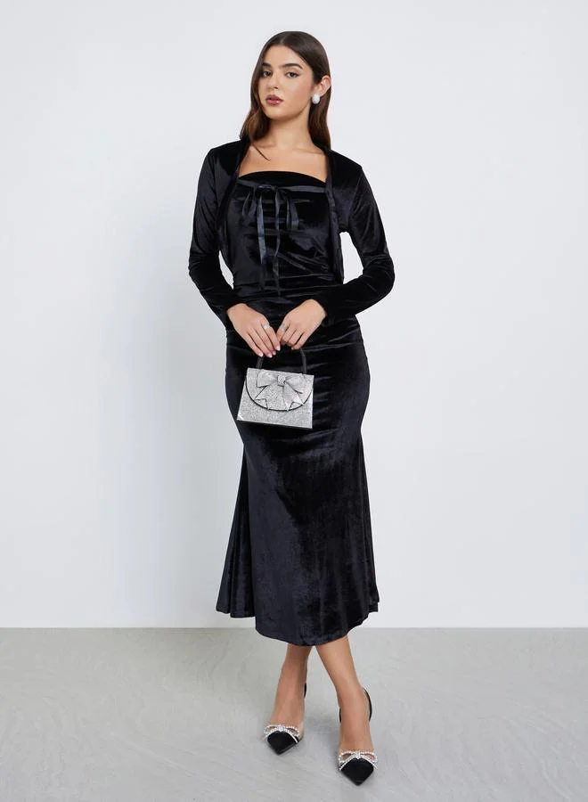 Black Velvet Look Midi Dress and Bolero Set