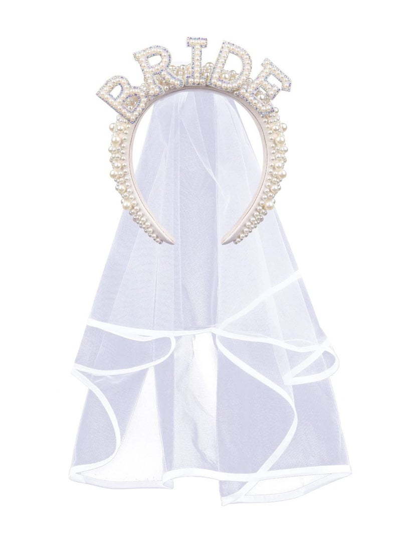 Bride To Be Headband, Bride To Be Pearl Hairband Veil for Bridal Shower Gift Bachelorette Party Decorations Bride Accessories - Image 1