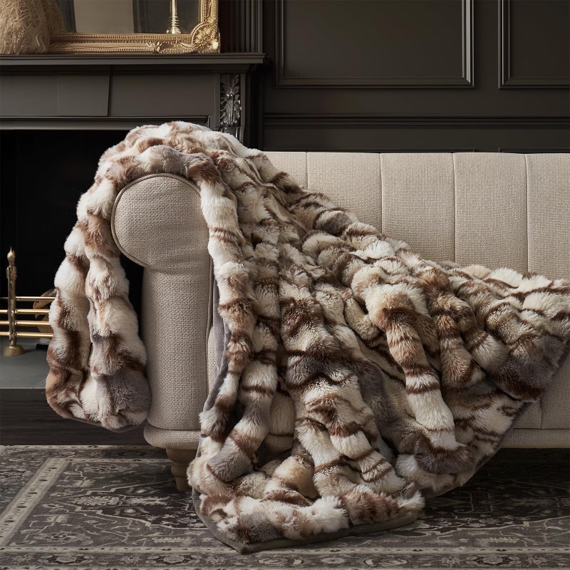 EVERGRACE Ultra Soft Luxury Fluffy Ridgeline Faux Rabbit Fur Throw Blanket  Thick Warm Bubble Throw for Bed  Cozy Plush Reversible Blankets for Couch  Chair  Sofa  Beige & Gray  50x60 Inches  870 GSM - Image 1