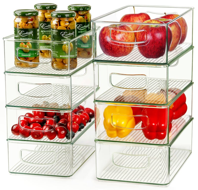 Hudgan Set Of 8 Fridge Organizer Bins, Stackable Plastic Organizer Bins for Fridge Pantry, 4 Large and 4 Small Refrigerator Organizers and Storage - Food Safe, BPA Free - Image 1