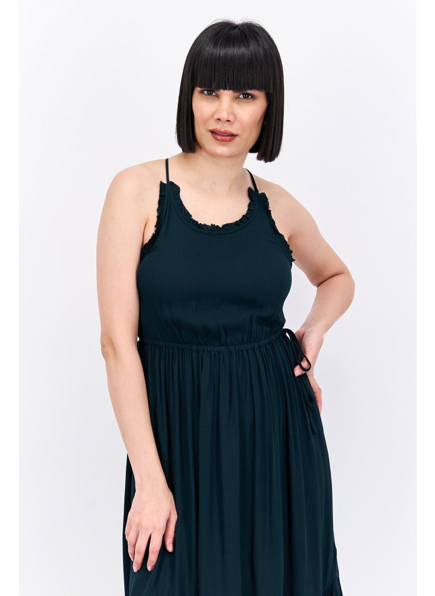 Scotch & Soda Women Solid Midi Tiered Dress, Dark Green  - Image 3