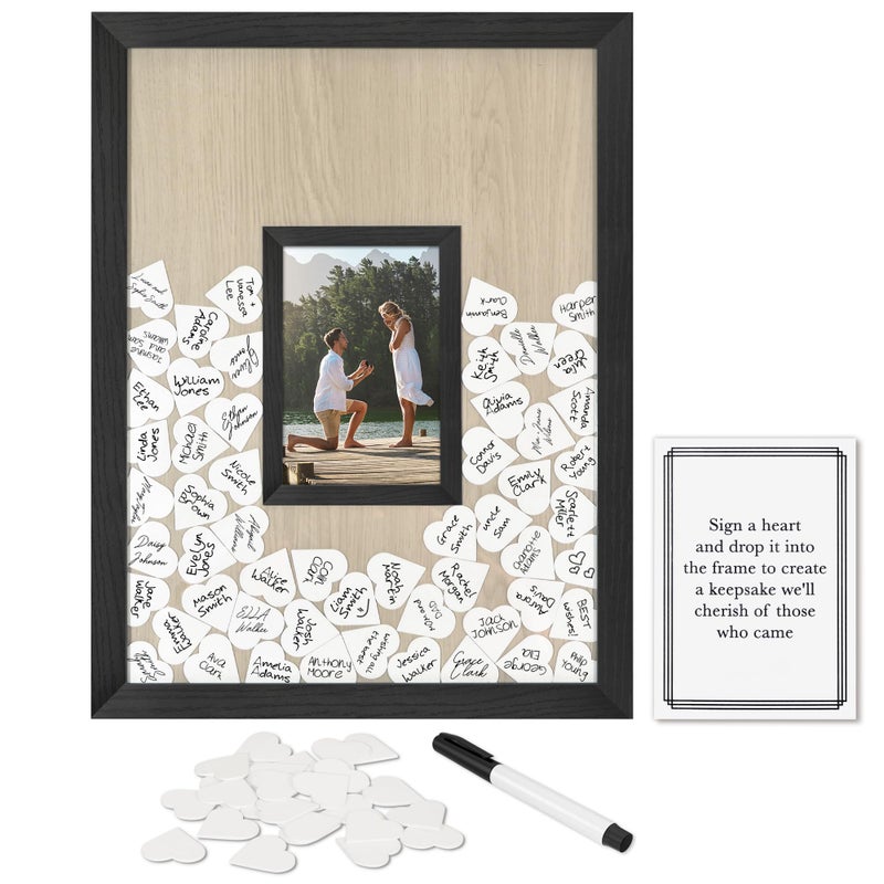 Americanflat 12x16 Wedding Guest Book Alternative with 80 Heart Tokens  Fits 4x6 Photo  Token Shadow Box  Ideal for Wedding Reception Guest Book Wedding Decorations Bridal Showers  Black