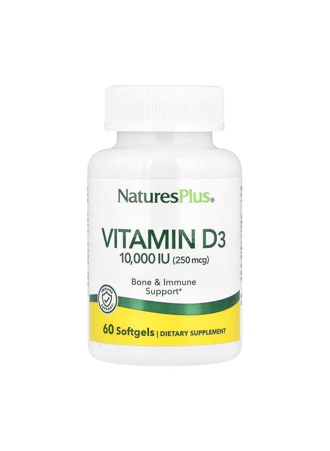 NaturesPlus Vitamin D3, 250 mcg (10,000 IU), 60 Softgels - Image 1