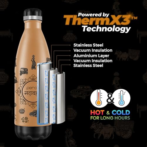 Perch Retro Hot & Cold Stainless Steel Water Bottle 980ml|Triple-Layer Vacuum Insulated 3D Printed Bottle|ISI Certified, Leakproof & BPA-Free Flask|Ideal Gift for Men, Women & Parents|Sadabahar - Image 2